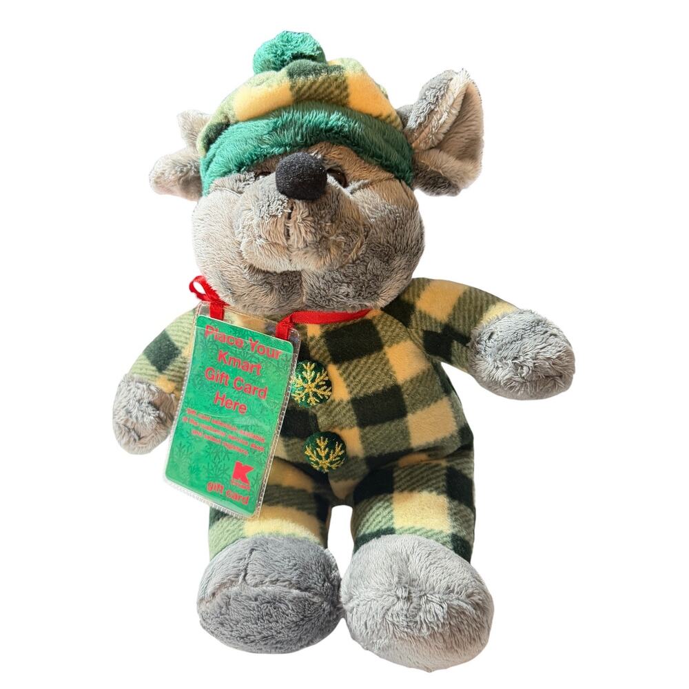 Vintage Caltoy Kmart Christmas Mouse Plush Gift Card Holder 12 in Gray Plaid